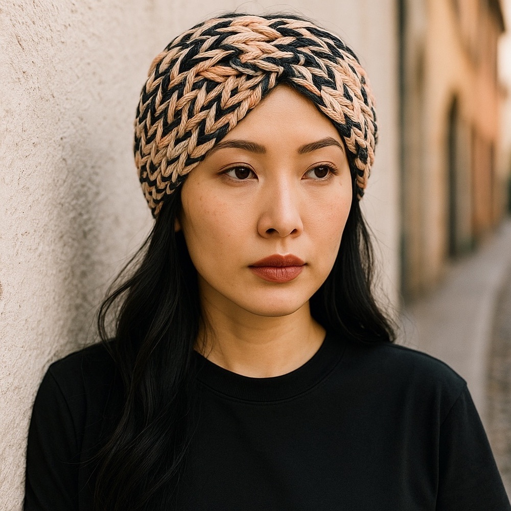 Headband Cotton Earwarmer Hand Crafted Black Yellow Turban Crossover